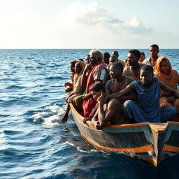 A group of African refugees on a drifting boat in the ocean, showcasing their struggle and resilience
