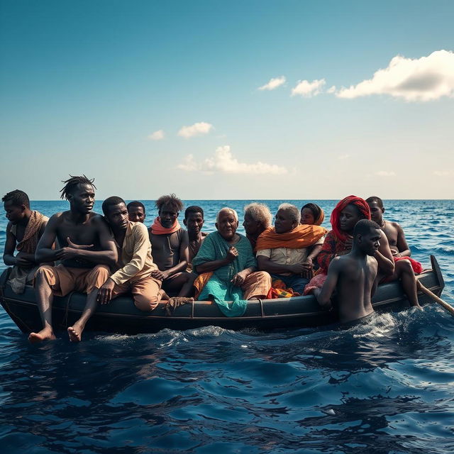 A group of African refugees on a drifting boat in the ocean, showcasing their struggle and resilience