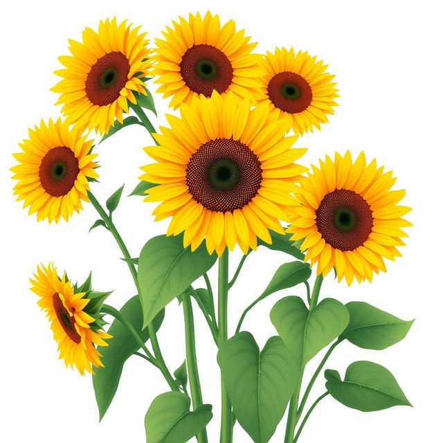 An illustration of sunflowers in full bloom against a clean white background