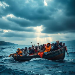 A dramatic scene showcasing African refugees in a small, overcrowded boat adrift at sea, with expressions of hope and determination