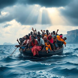 A dramatic scene showcasing African refugees in a small, overcrowded boat adrift at sea, with expressions of hope and determination