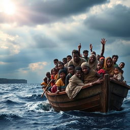 A dramatic scene showcasing African refugees in a small, overcrowded boat adrift at sea, with expressions of hope and determination