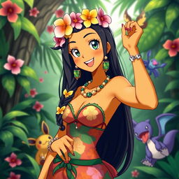 A Polynesian anime woman styled like a character from Pokémon, featuring bright, bold colors, a cheerful expression, and playful attitude