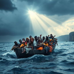 A dramatic scene showcasing African refugees in a small, overcrowded boat adrift at sea, with expressions of hope and determination