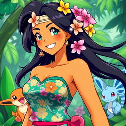 A Polynesian anime woman styled like a character from Pokémon, featuring bright, bold colors, a cheerful expression, and playful attitude