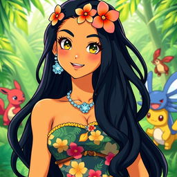 A Polynesian anime woman styled like a character from Pokémon, featuring bright, bold colors, a cheerful expression, and playful attitude