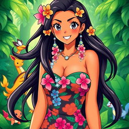 A Polynesian anime woman styled like a character from Pokémon, featuring bright, bold colors, a cheerful expression, and playful attitude