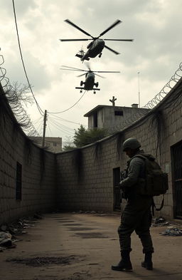 A tense scene depicting a dilapidated street in a urban setting, featuring an old stone wall, adorned with barbed wire, symbolizing confinement and oppression