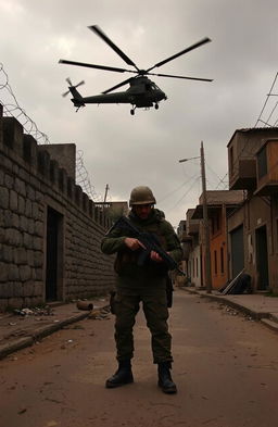 A tense scene depicting a dilapidated street in a urban setting, featuring an old stone wall, adorned with barbed wire, symbolizing confinement and oppression