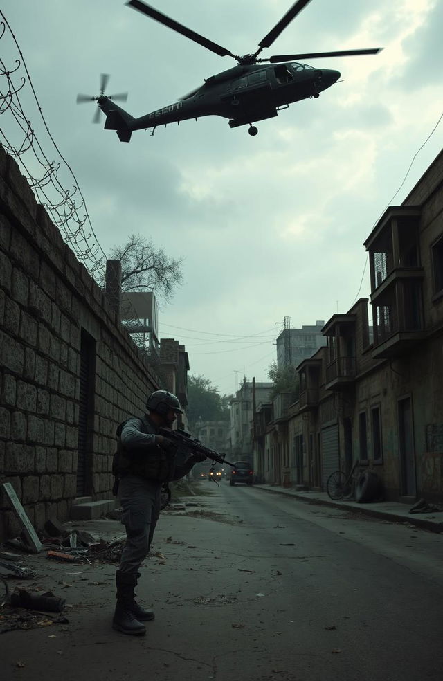 A tense scene depicting a dilapidated street in a urban setting, featuring an old stone wall, adorned with barbed wire, symbolizing confinement and oppression