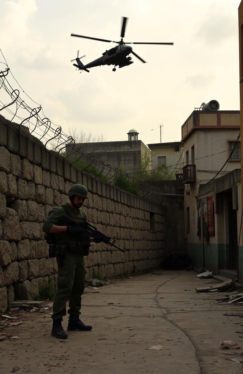 A tense scene depicting a dilapidated street in a urban setting, featuring an old stone wall, adorned with barbed wire, symbolizing confinement and oppression