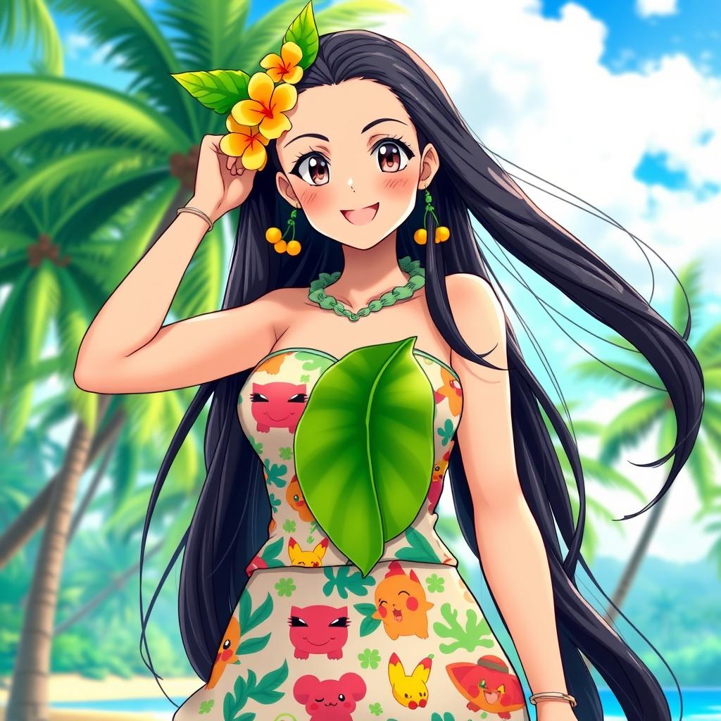 A Polynesian anime woman in a vibrant, colorful outfit inspired by the Pokémon universe