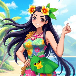 A Polynesian anime woman in a vibrant, colorful outfit inspired by the Pokémon universe
