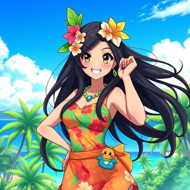 A Polynesian anime woman in a vibrant, colorful outfit inspired by the Pokémon universe