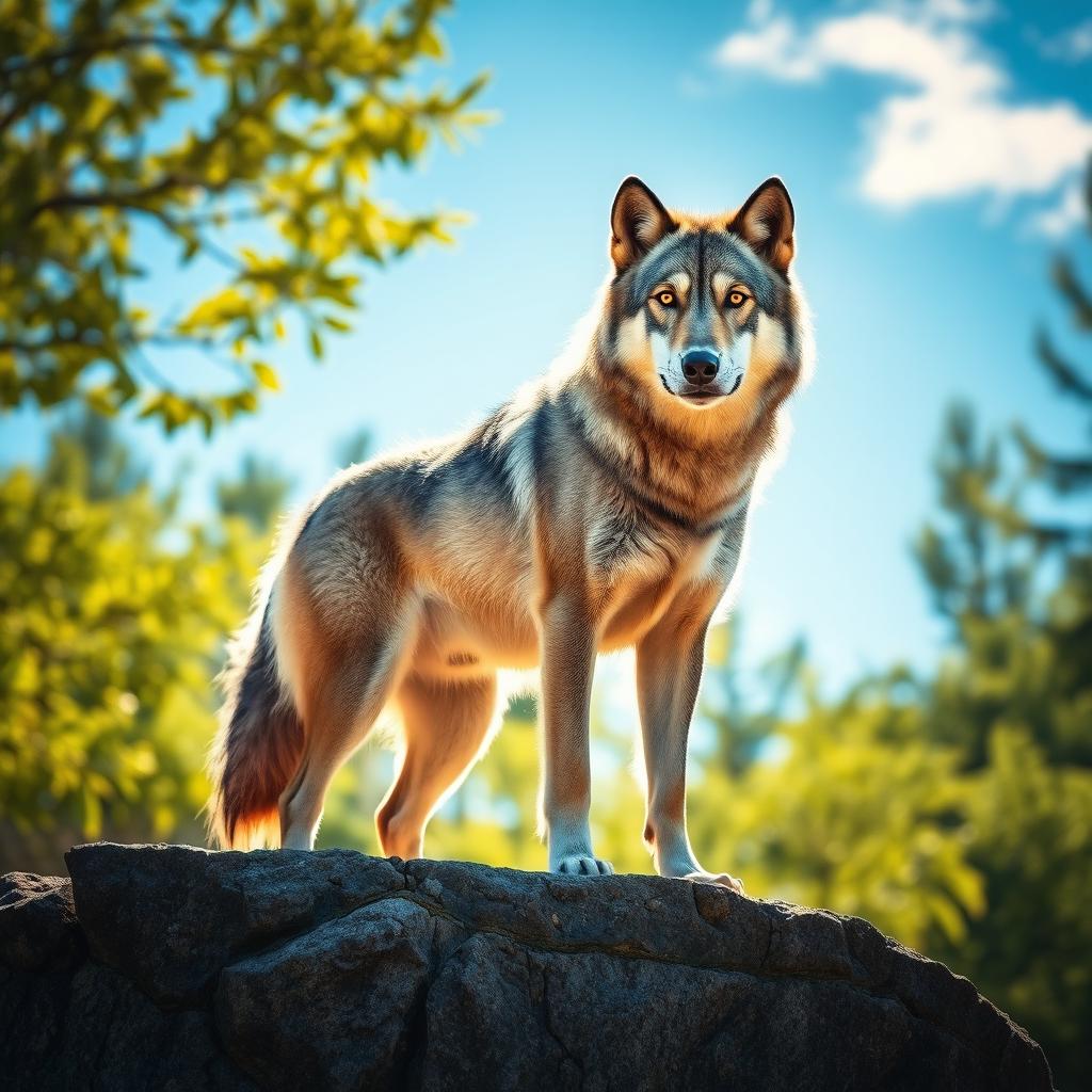 A stunning raw photograph of a majestic wolf standing proudly on a rocky outcrop, surrounded by a lush green forest under a clear blue sky