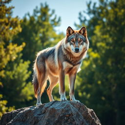 A stunning raw photograph of a majestic wolf standing proudly on a rocky outcrop, surrounded by a lush green forest under a clear blue sky