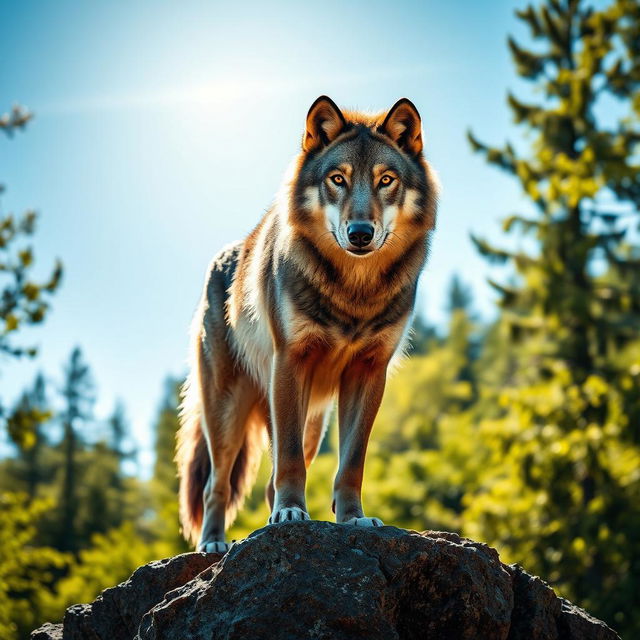 A stunning raw photograph of a majestic wolf standing proudly on a rocky outcrop, surrounded by a lush green forest under a clear blue sky