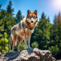 A stunning raw photograph of a majestic wolf standing proudly on a rocky outcrop, surrounded by a lush green forest under a clear blue sky
