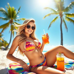 A stunning model in a vibrant, colorful bikini lounging on a beach, with a beautiful tropical background featuring palm trees and clear blue skies