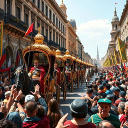 A grand parade of kings through a historic city, with majestic carriages adorned in gold and jewels