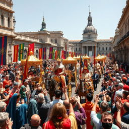 A grand parade of kings through a historic city, with majestic carriages adorned in gold and jewels