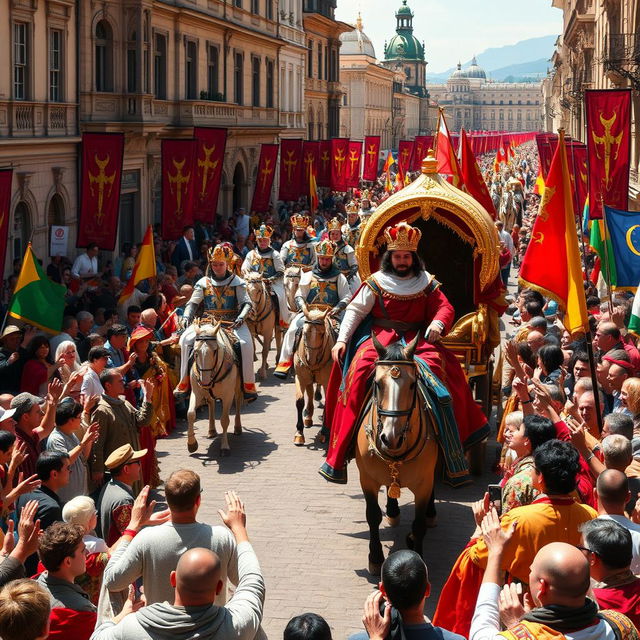 A grand parade of kings through a historic city, with majestic carriages adorned in gold and jewels