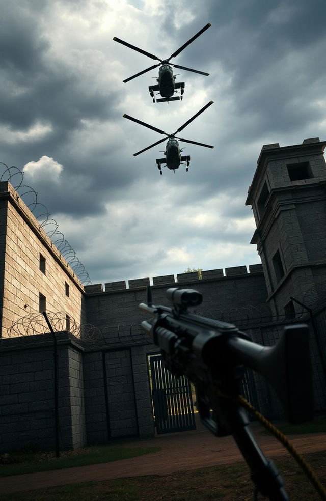 A dramatic and intense scene showing a prison environment, featuring an imposing stone wall with barbed wire topped with menacing spikes