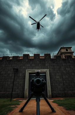 A dramatic and intense scene showing a prison environment, featuring an imposing stone wall with barbed wire topped with menacing spikes