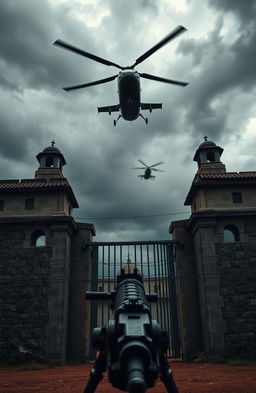 A dramatic and intense scene showing a prison environment, featuring an imposing stone wall with barbed wire topped with menacing spikes