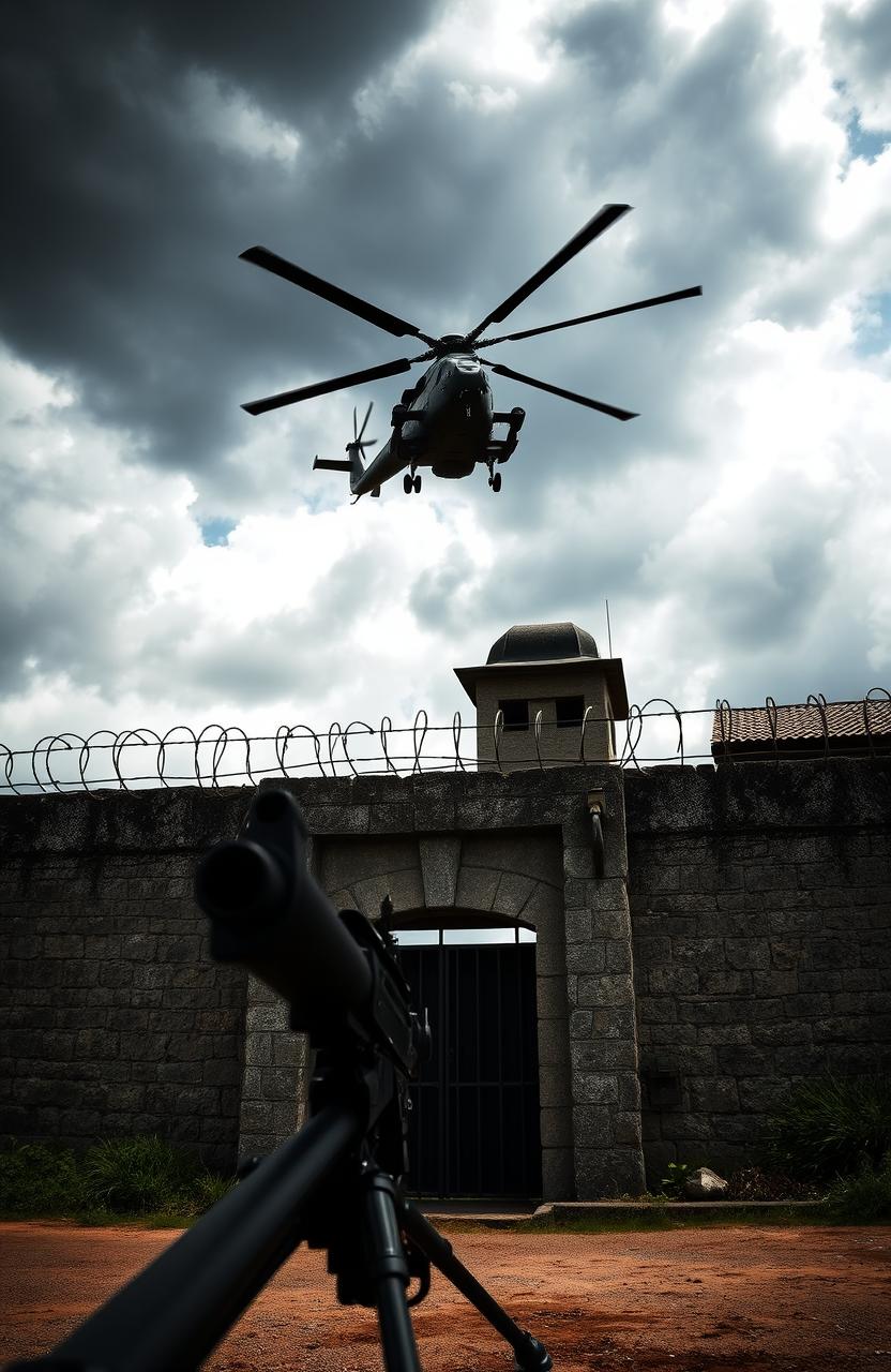 A dramatic and intense scene showing a prison environment, featuring an imposing stone wall with barbed wire topped with menacing spikes