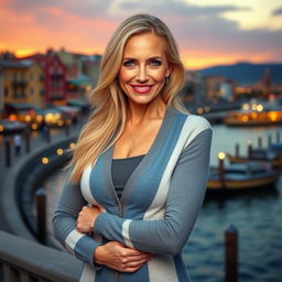 An attractive woman around 50 years old with long blonde hair and a warm tan