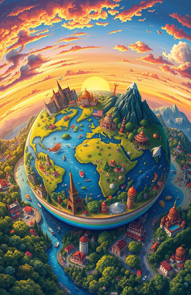 A beautifully illustrated world filled with vibrant landscapes, cityscapes, and cultural landmarks representing various countries and regions, showcasing the diversity of life on Earth