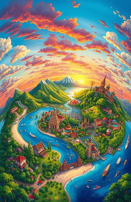 A beautifully illustrated world filled with vibrant landscapes, cityscapes, and cultural landmarks representing various countries and regions, showcasing the diversity of life on Earth