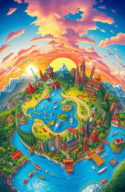 A beautifully illustrated world filled with vibrant landscapes, cityscapes, and cultural landmarks representing various countries and regions, showcasing the diversity of life on Earth