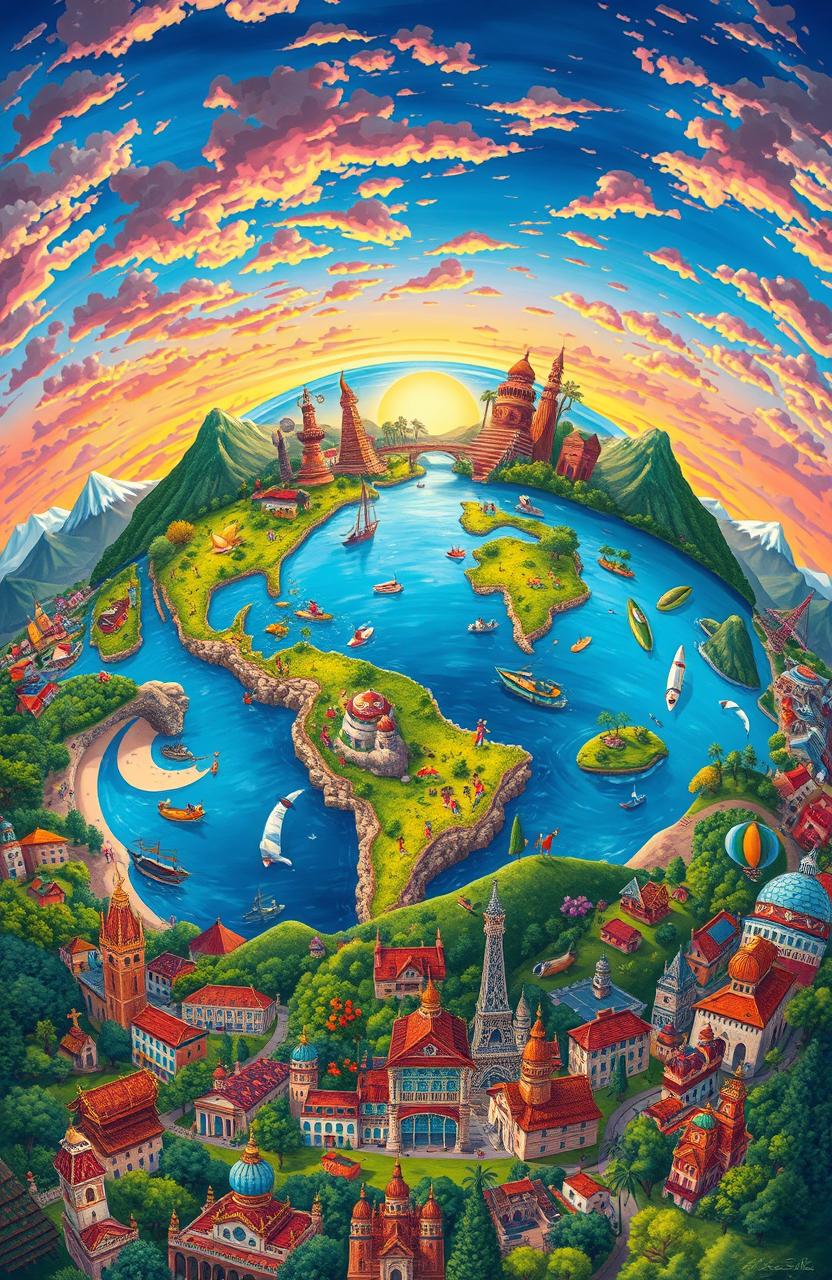 A beautifully illustrated world filled with vibrant landscapes, cityscapes, and cultural landmarks representing various countries and regions, showcasing the diversity of life on Earth