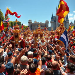 A grand parade of kings being celebrated by a jubilant crowd