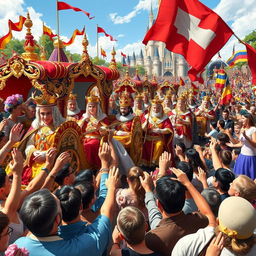 A grand parade of kings being celebrated by a jubilant crowd