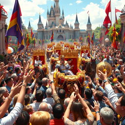 A grand parade of kings being celebrated by a jubilant crowd