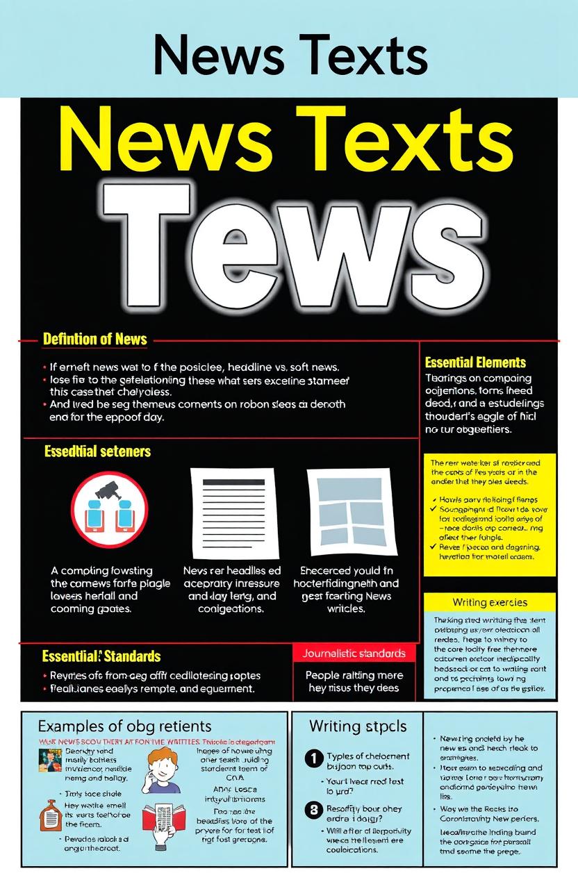 A detailed educational module on news texts, focusing on the structure, components, and features of news articles