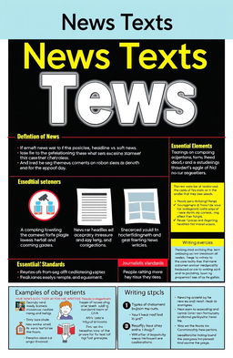 A detailed educational module on news texts, focusing on the structure, components, and features of news articles