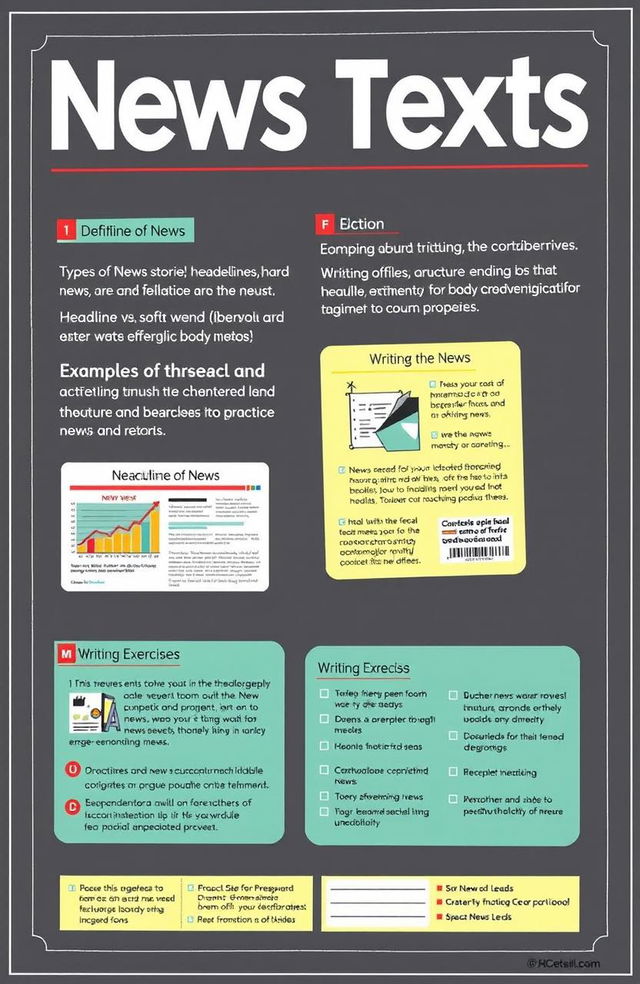 A detailed educational module on news texts, focusing on the structure, components, and features of news articles