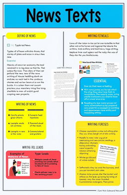 A detailed educational module on news texts, focusing on the structure, components, and features of news articles