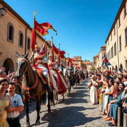 A grand medieval parade featuring a royal procession with kings and queens on majestic horses, surrounded by a lively crowd cheering in excitement