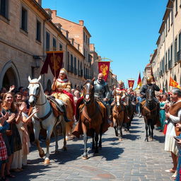 A grand medieval parade featuring a royal procession with kings and queens on majestic horses, surrounded by a lively crowd cheering in excitement