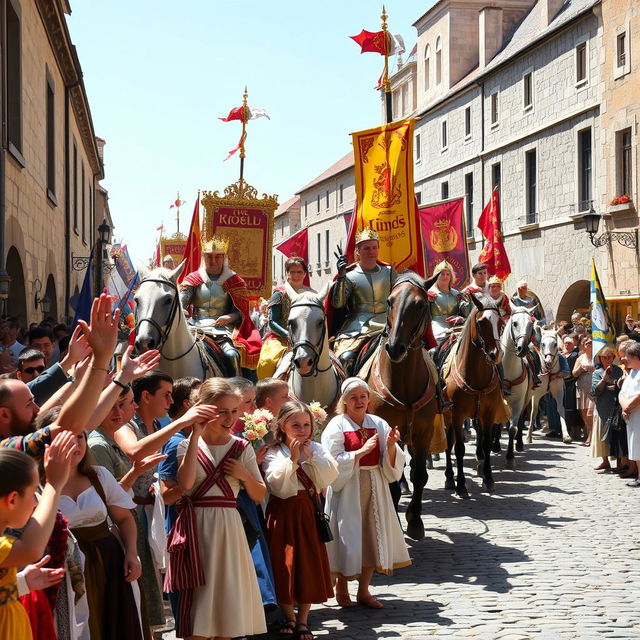 A grand medieval parade featuring a royal procession with kings and queens on majestic horses, surrounded by a lively crowd cheering in excitement