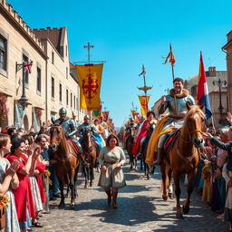 A grand medieval parade featuring a royal procession with kings and queens on majestic horses, surrounded by a lively crowd cheering in excitement