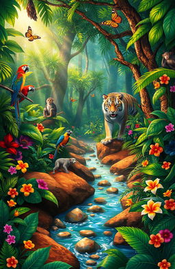 A vivid and enchanting illustration of a vibrant jungle scene, filled with lush greenery, various exotic animals like colorful parrots, playful monkeys, and a majestic tiger in the background