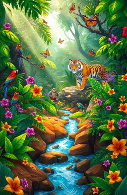 A vivid and enchanting illustration of a vibrant jungle scene, filled with lush greenery, various exotic animals like colorful parrots, playful monkeys, and a majestic tiger in the background