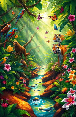 A vivid and enchanting illustration of a vibrant jungle scene, filled with lush greenery, various exotic animals like colorful parrots, playful monkeys, and a majestic tiger in the background