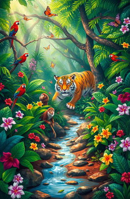 A vivid and enchanting illustration of a vibrant jungle scene, filled with lush greenery, various exotic animals like colorful parrots, playful monkeys, and a majestic tiger in the background